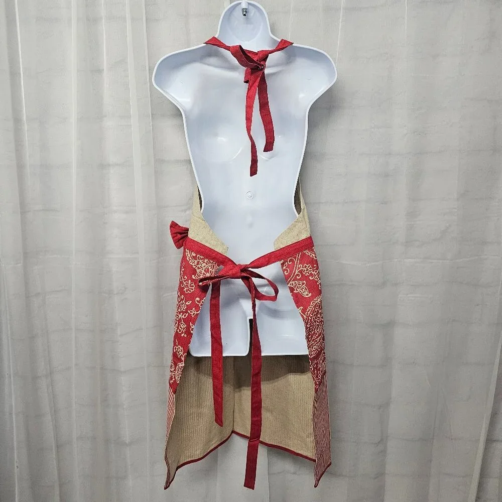 Jo Ann Fabric Tan Red Paisley Bow Apron Linen Blend Boho OSFA